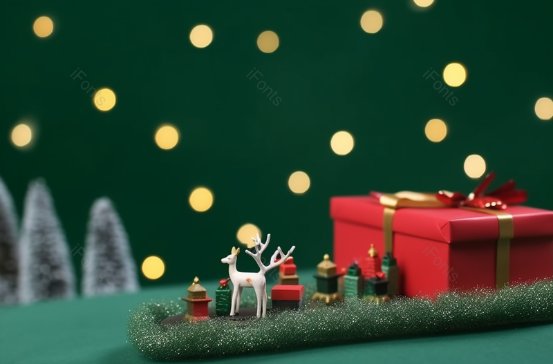 驯鹿圣诞礼物圣诞树红色礼盒圣诞节绿色背景,高清,摄影图,摄影图片,图片大全,摄影图免费下载